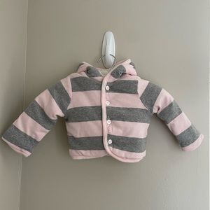 Burt’s Bees Baby organic cotton puffer coat in pink and grey stripes, size 0-3m.